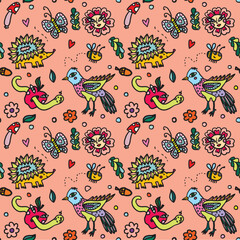 animals naive hand drawn cartoon seamless pattern pink fresh color