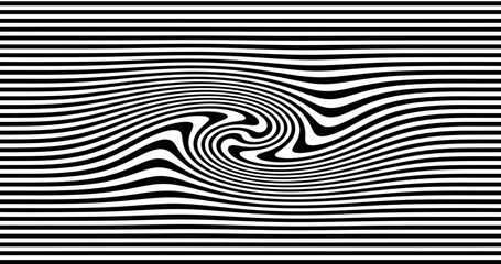 Optical Art with Twist Striped. Background Abstract Line Black and White Color. Swirl Hypnotic Pattern. Vector illustration.