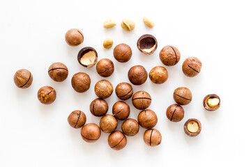 Raw macadamia nuts food. Healthy protein snack background