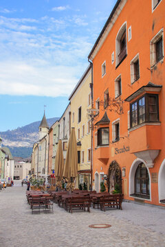 View at the streets and brewery Restaurant (Brauhaus) in the old town from Rattenberg, Tyrol - Austria