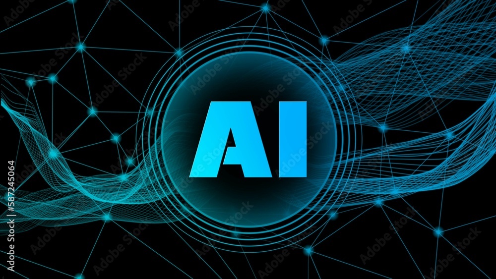 Poster ai artificial intelligence wave lines neural network with ai letters centered in a ring - 3d illustr