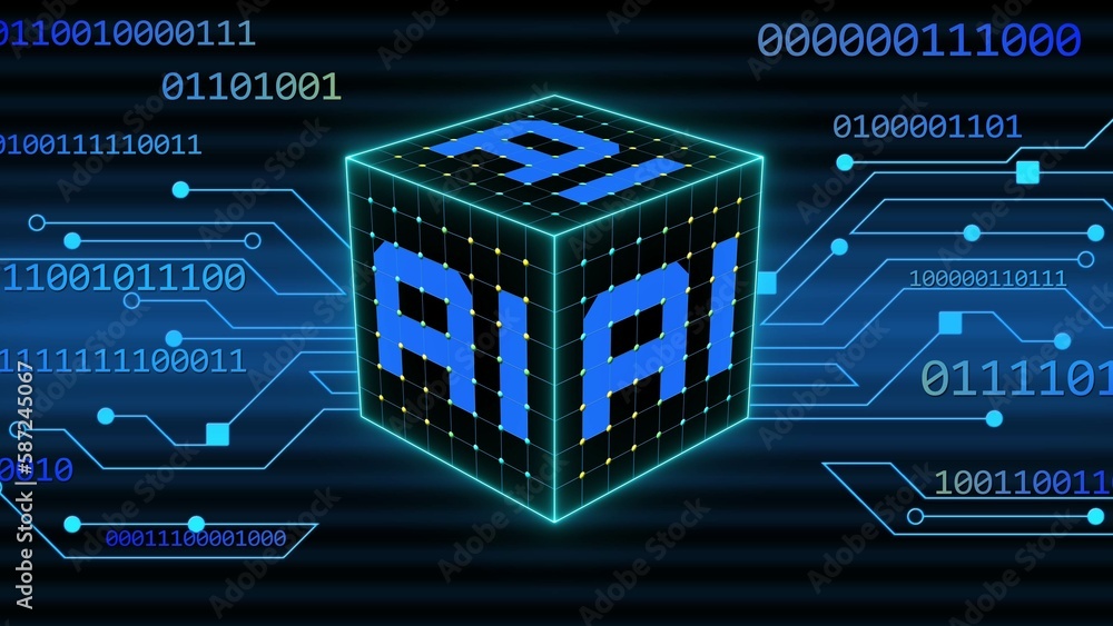 Poster concept of visualization of artificial intelligence - ai letters in the cube on binary code backgrou