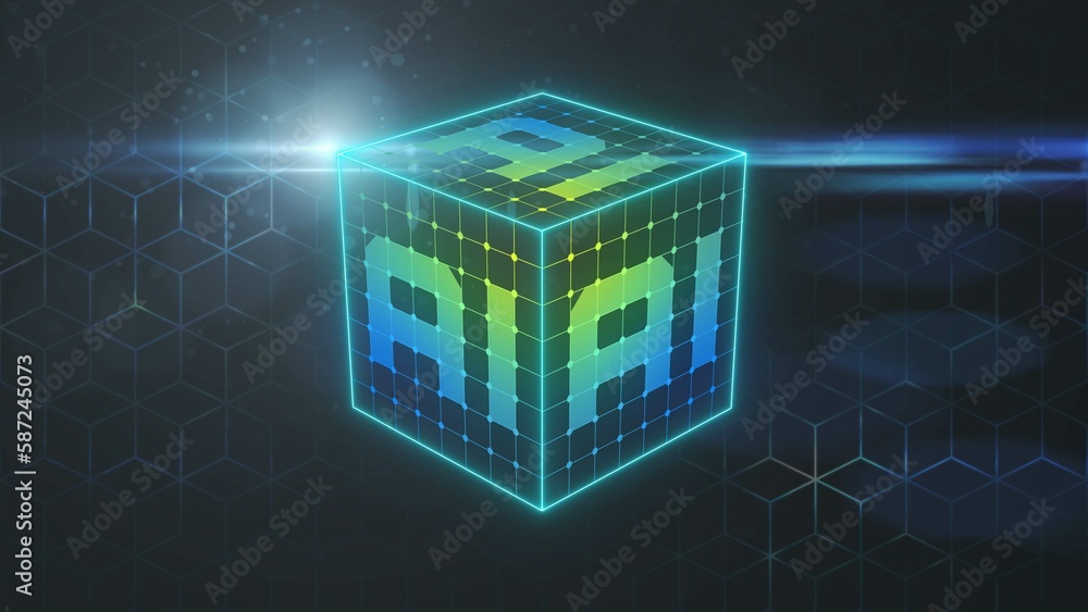 Poster cube with inscription ai - concept of visualization of artificial intelligence on blue cube backgrou