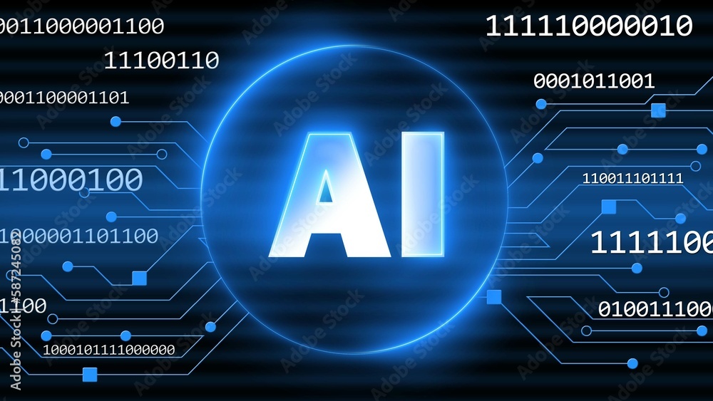 Poster Concept of Visualization of Artificial Intelligence - AI letters centered in a ring on binary code background in blue design - 3D Illustration