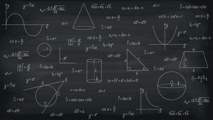 Background with mathematical formulas and graphs on the black chalkboard. Vector illustration