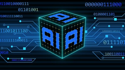 Concept of Visualization of Artificial Intelligence - AI letters in the Cube on binary code background in blue design - 3D Illustration