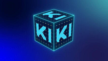 Cube with inscription KI - Concept of Visualization of Artificial Intelligence (in german Kuenstliche Intelligenz) on blue background - 3D Illustration