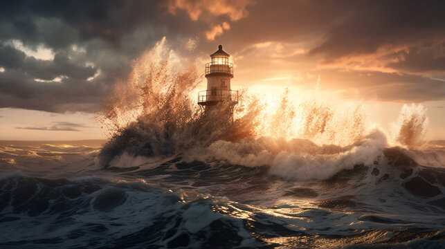 Stormy Seas and a Weathered Lighthouse: A Dramatic Display of Nature's Power, Generative AI
