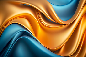 Abstract fashion background of bright golden blue gradient silk fabric with 3d waves. Particle drapery luxury gold and blue background. Generative ai