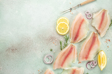 Fish fillet with rosemary, spices and lemon on a light background. top view - obrazy, fototapety, plakaty