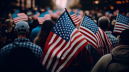 Generic unrecognizable crowds cheering or demonstrating with waving USA flags  with Generative AI.