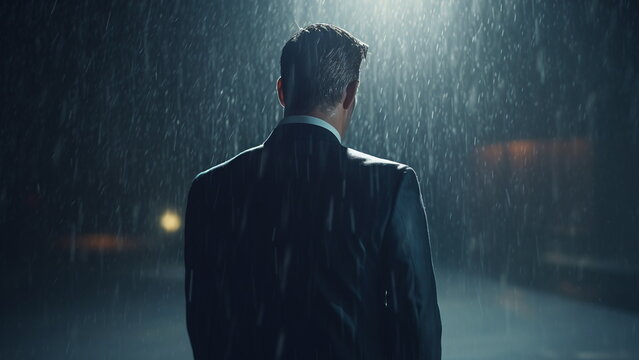 A businessman standing in water under heavy rain drowning with Generative AI.