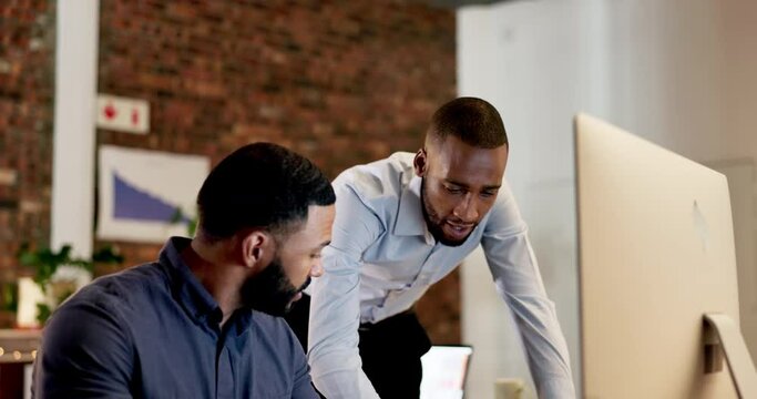 Business people, coach and training intern at night on computer in digital marketing, advertising or finance at the office. Businessman working late coaching staff explaining system software on PC