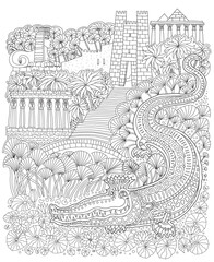 Fantasy ancient Egypt landscape. Fairy tale crocodile, temple, palm tree, Egyptian pyramids, sphinx. Coloring book page for children and adults