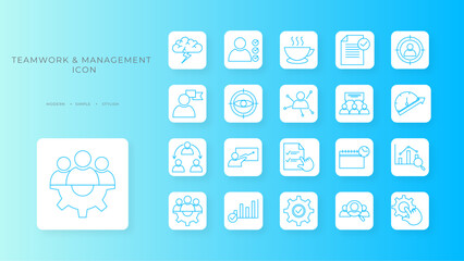 Teamwork and Management icon collection with blue outline style. community, cooperation, handshake, manager, success, teamwork, brainstorm. Vector Illustration