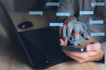 Businessman using smartphone with popup icon email, newsletters and notification for business e-mail and business communication, technology, Scheme of direct sales in business.