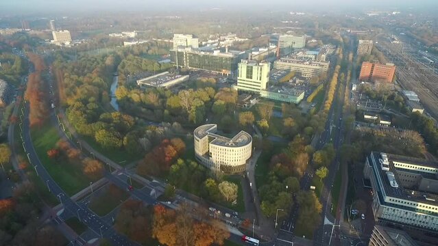 Eindhoven Cityscape in Netherlands. Drone Point of View. City Downtown