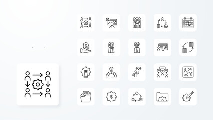 Teamwork and Management icon collection with black outline style. community, cooperation, handshake, manager, success, teamwork, brainstorm. Vector Illustration