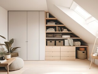 Cozy attic room in modern style, minimalist design, copy space. Images for the website. - obrazy, fototapety, plakaty