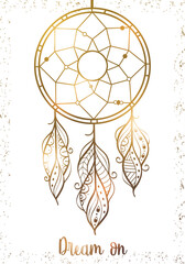 Hand drawn illustration of dreamcatcher, vector illustration with golden ethnic feathers, poster - 587247444