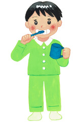 ガッシュ画の歯磨きする小学生男子