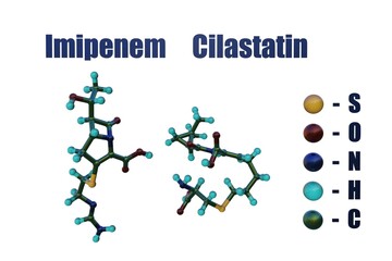 Imipenem and cilastatin. Molecular models. This injection is used to treat certain serious bacterial infections, including endocarditis, abdominal, gynecological and others. 3d illustration