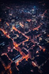 Night Aerial View Of a Vibrant Cityscape with High Rise Buildings  - Urban City Landscape. Generative AI.