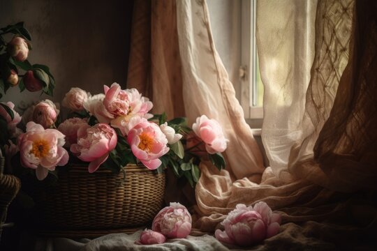Peonies in basket beside linen drapes in bohemian room. Bohemian style, cozy interior. Lovely pink peony blooms on rustic backdrop, atmospheric picture. Generative AI