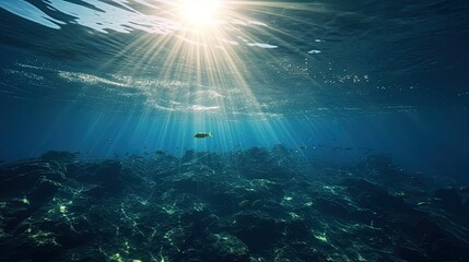 Fototapeta premium Blue sunlight illuminating underwater sea, creates stunning marine photography. Generative AI