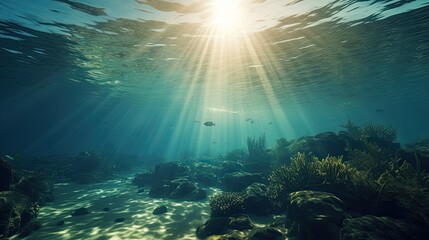 Fototapeta na wymiar Blue sunlight illuminating underwater sea, creates stunning marine photography. Generative AI