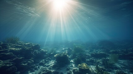 Fototapeta premium Blue sunlight illuminating underwater sea, creates stunning marine photography. Generative AI