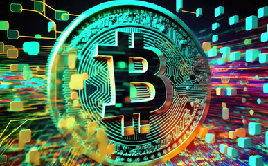Colorful Bitcoin blockchain cryptocurrency digital money exchange Technology symbol. Generative AI