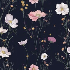 Beautiful seamless floral pattern with Cosmos and babys breath flowers. 