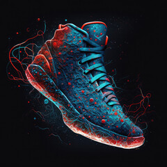 Creative bright colorful blue-red sneakers with a splash of water and colorful drops on a black background. Sports footwear and fashion concept. generative ai