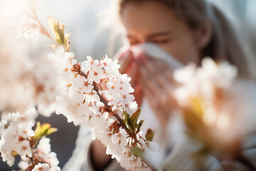 Pollen allergy concept with blooming tree flowers and blurry sneezing person in background.