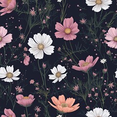 Beautiful seamless floral pattern with Cosmos and babys breath flowers. 