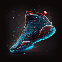 Creative bright colorful paint splashing sneakers with a splash of water and colorful drops on a black background. Sports footwear and fashion concept. generative ai