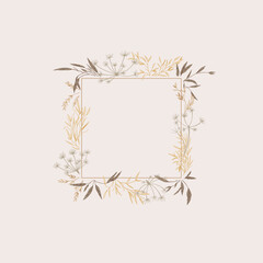Square frame with dried plants. Botanical background with meadow herbs. Earth tones. Vector illustration. Engraving. Layout border for invitations card, postcards, logos, covers, labels.