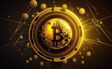 Golden Bitcoin blockchain digital coin background with bitcoin symbol. Crypto currency digital money exchange Technology theme. Generative AI