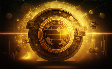 Golden abstract creative digital coin network background with an earth theme. Crypto currency digital money exchange Technology symbol. Generative AI