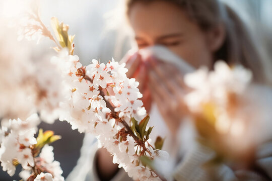 Pollen allergy concept with blooming tree flowers and blurry sneezing person in background. Generative AI