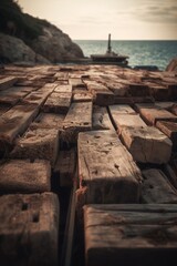 Old wooden pier on the beach at sunset. Selective focus. Toned.Generative Ai
