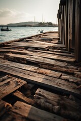 Fototapeta premium Old wooden pier on the beach at sunset. Selective focus. Toned.Generative Ai