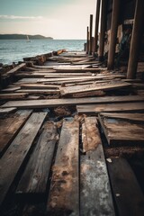 Naklejka premium Old wooden pier on the beach at sunset. Selective focus. Toned.Generative Ai