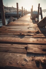 Fototapeta premium Old wooden pier on the beach at sunset. Selective focus. Toned.Generative Ai