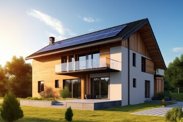 Fototapeta na wymiar Modern house with solar panels on the roof 3d render