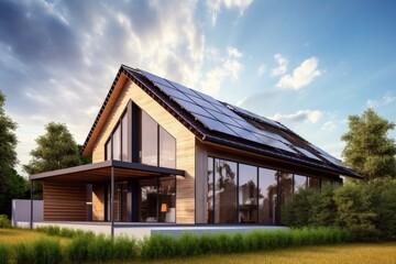 Modern house with solar panels on the roof  3d render