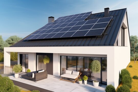 Modern house with solar panels on the roof  3d render