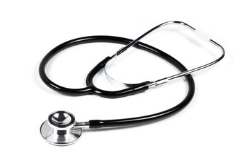 Black stethoscope on white background. Healthcare copcept.