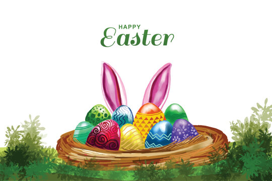 Happy easter holiday with painted egg with rabbit ears card design